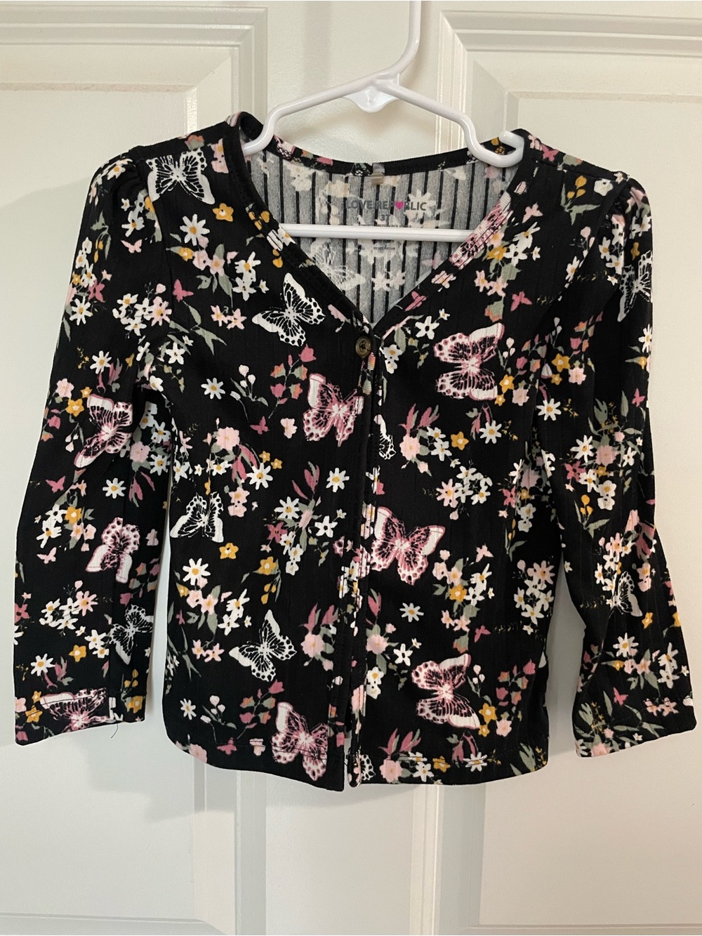 Black Floral & Butterfly Cardigan with Pink Accents